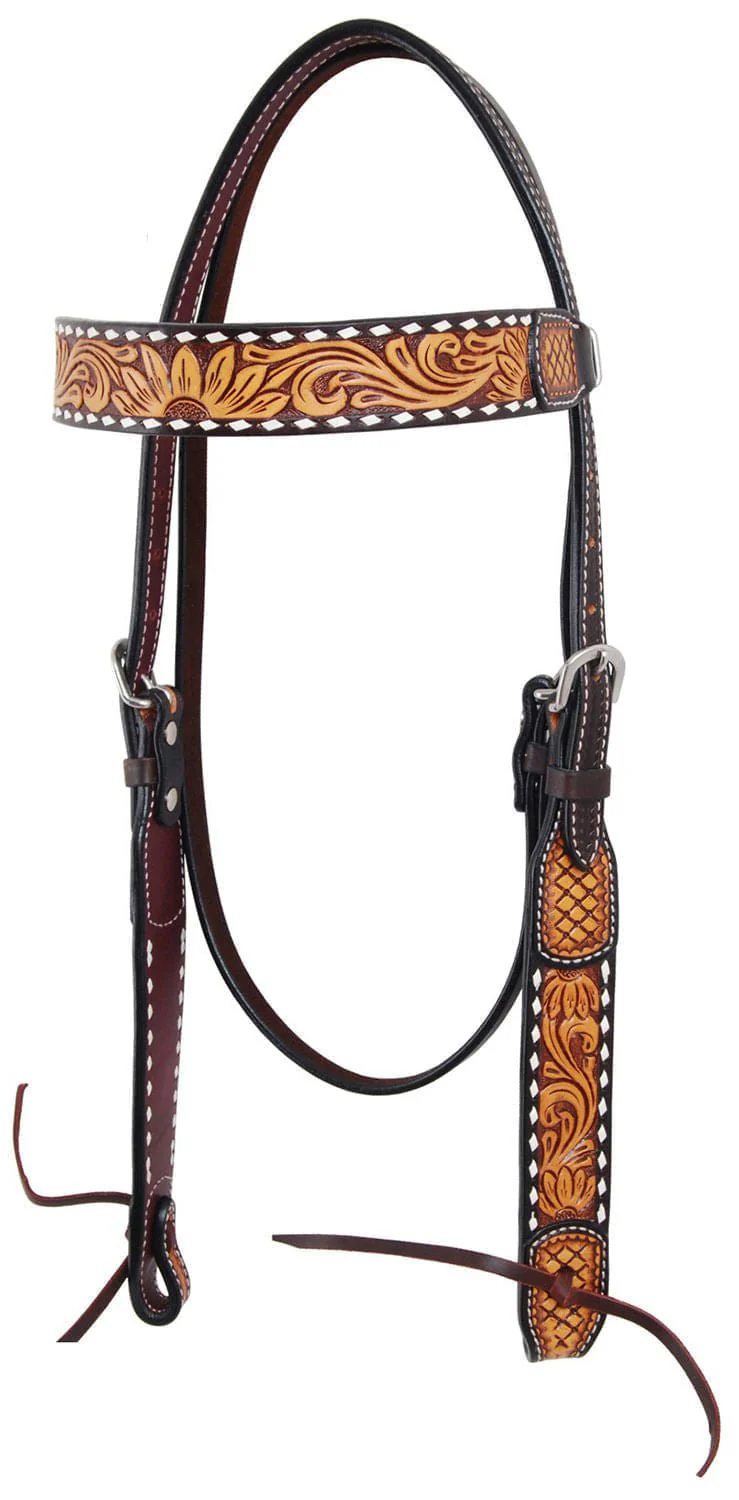 Rafter T Tooled Sunflower w/ Buckstitch Browband Headstall - Buy Pet Shop