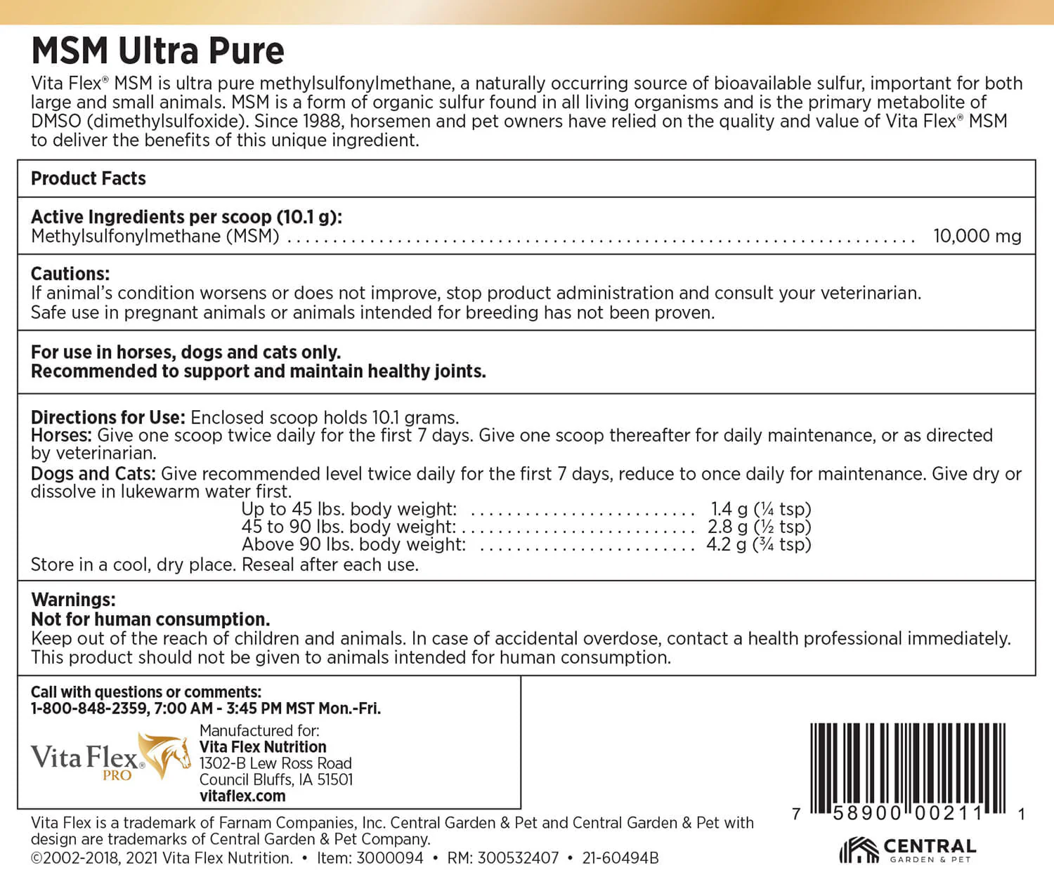 Vita Flex Pro MSM Quality Joint Supplement for Horses, Dogs and Cats - Buy Pet Shop