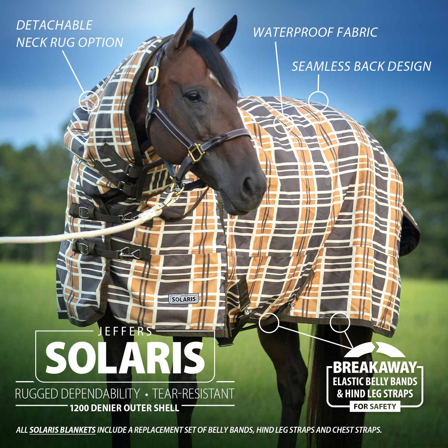 Solaris 1200 Denier Heavyweight Horse Turnout Blanket with Neck Rug. 360g Fill, Brown & Cream Plaid - Buy Pet Shop