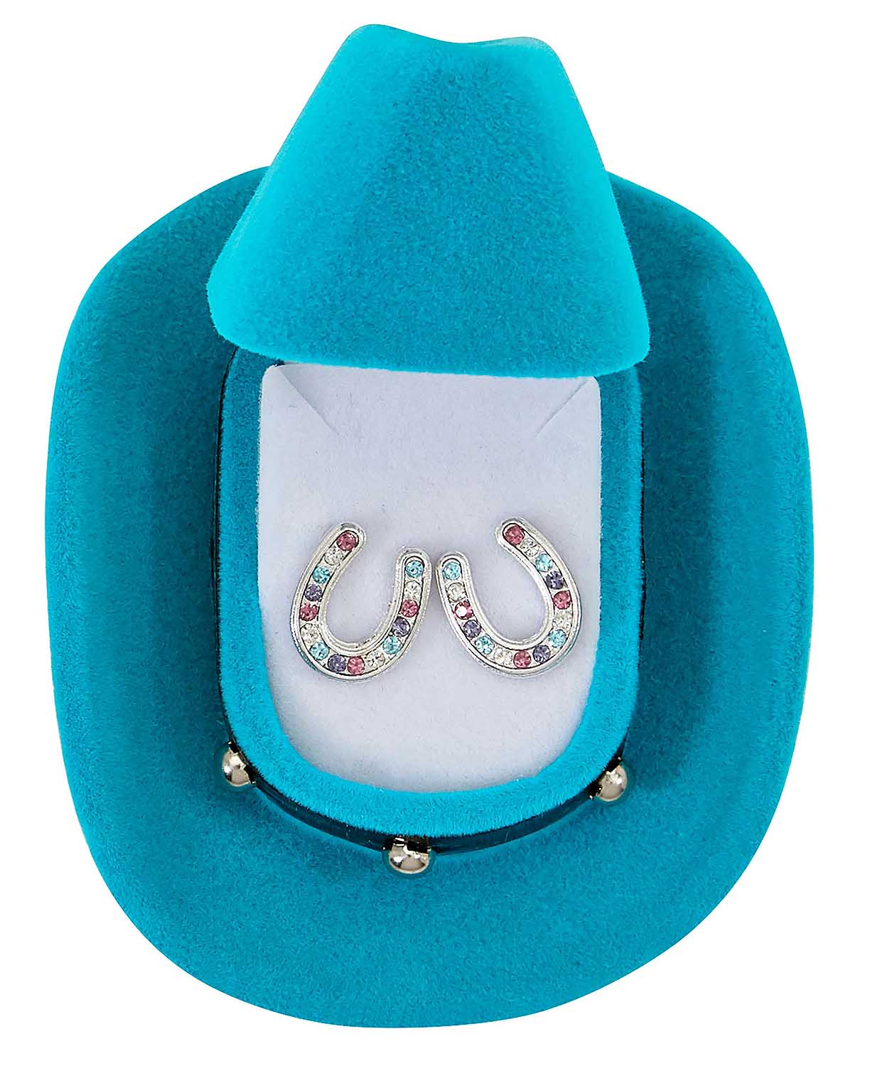 Multi Colored Horseshoe Earrings with Blue Cowboy Hat Box - Buy Pet Shop
