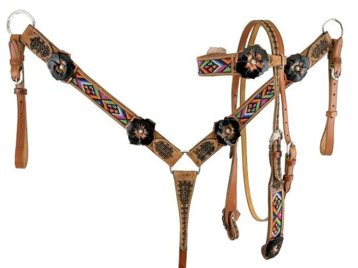 Showman Beaded Aztec & 3D Leather Flower Tack Set - Buy Pet Shop