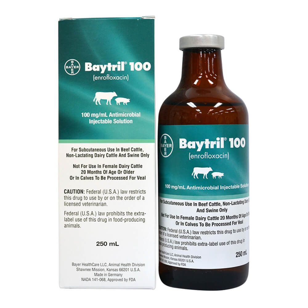 Rx Baytril 100 (enrofloxacin) 100mg/mL Antimicrobial Injectable Solution for Swine & Cattle - Buy Pet Shop