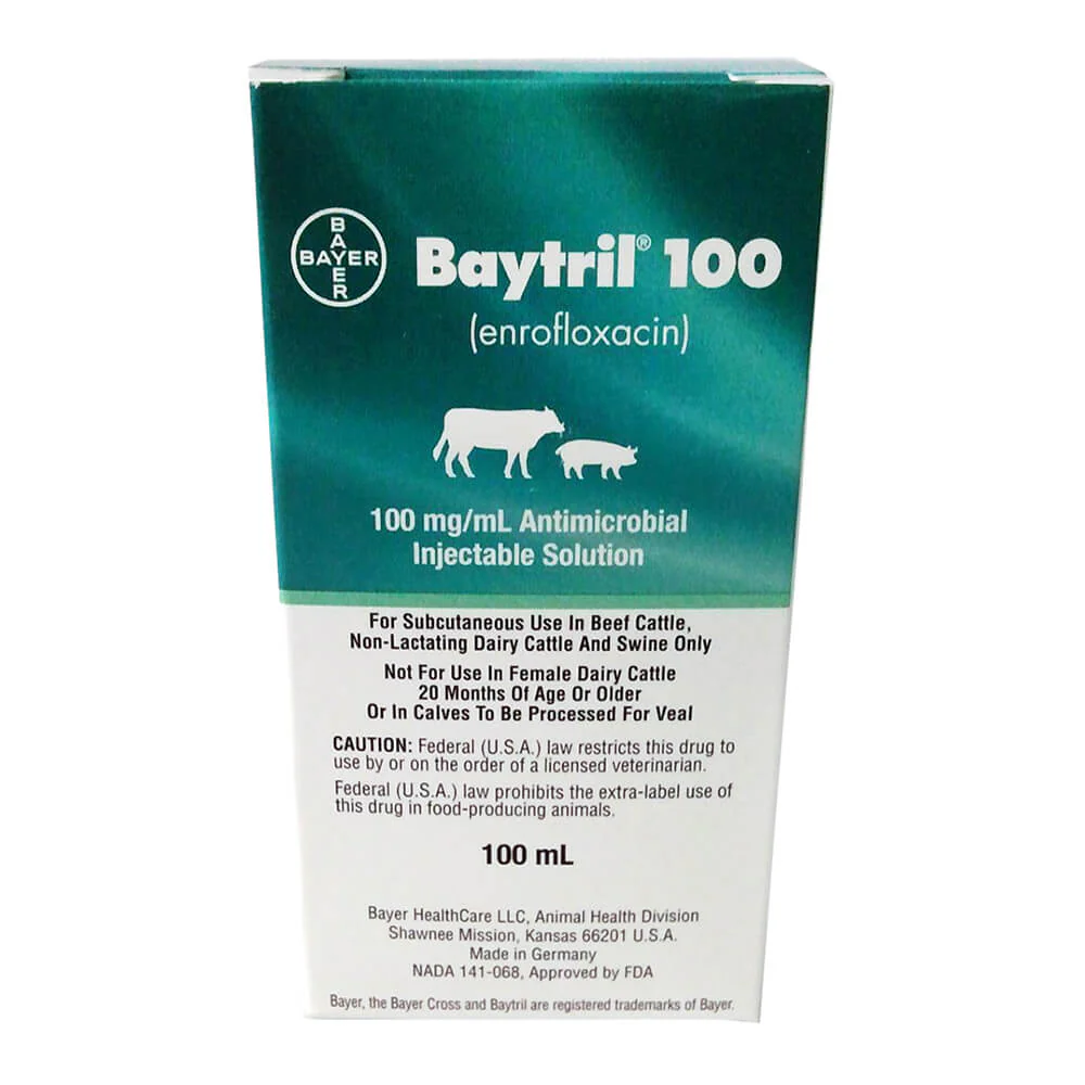 Rx Baytril 100 (enrofloxacin) 100mg/mL Antimicrobial Injectable Solution for Swine & Cattle - Buy Pet Shop
