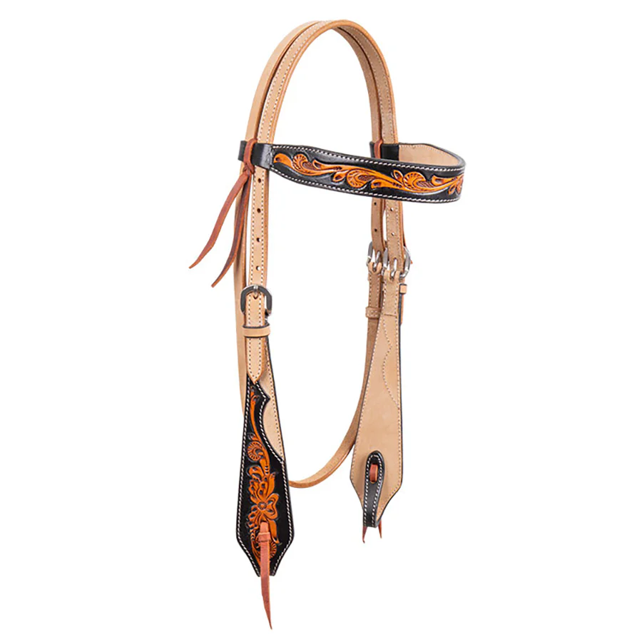 Cody Pro Two-Tone Carved Browband Headstall with Floral Tooling - Buy Pet Shop