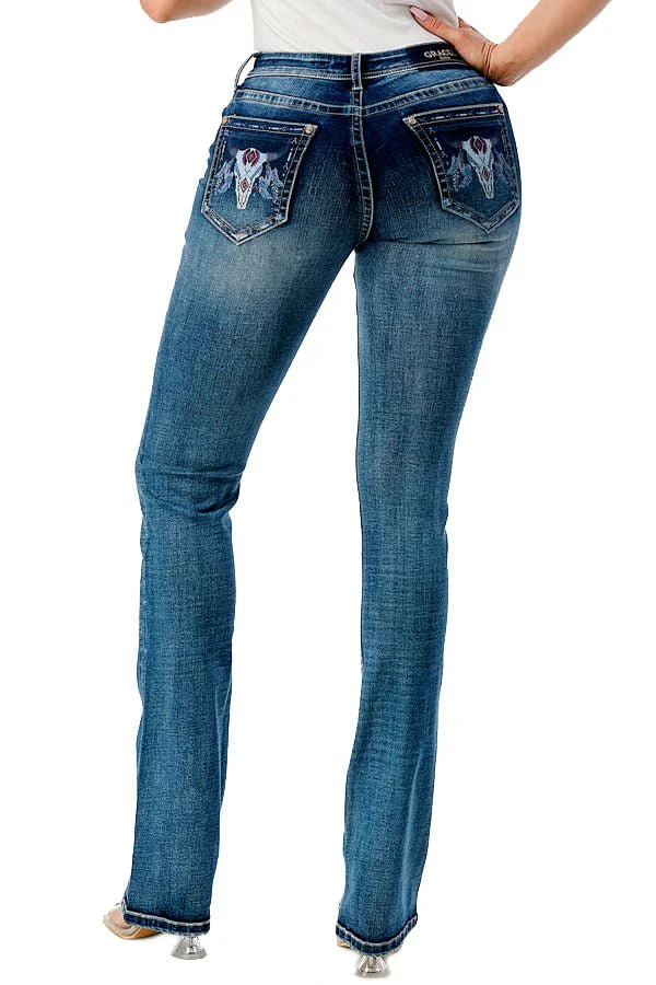 Grace in LA Steer Head Print Mid Rise Bootcut Jeans - Buy Pet Shop