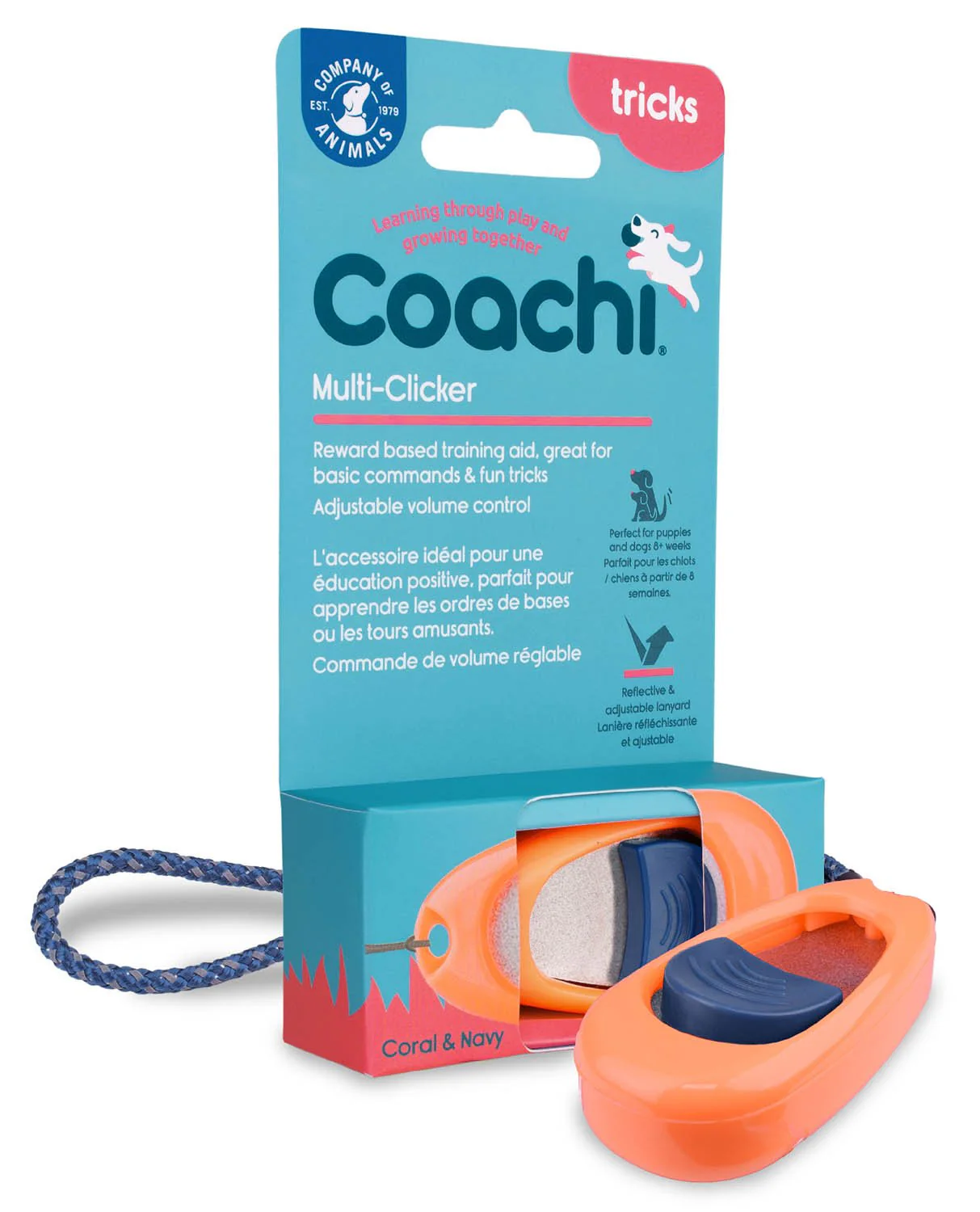 Coachi Multi-Clicker, Coral with Navy Button - Buy Pet Shop