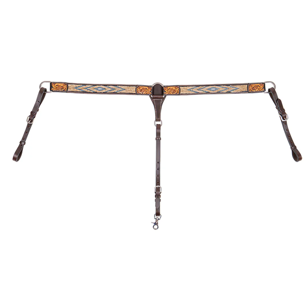 Cody Pro Blue & Beige Inlay Breast Collar with Floral Tooling - Buy Pet Shop