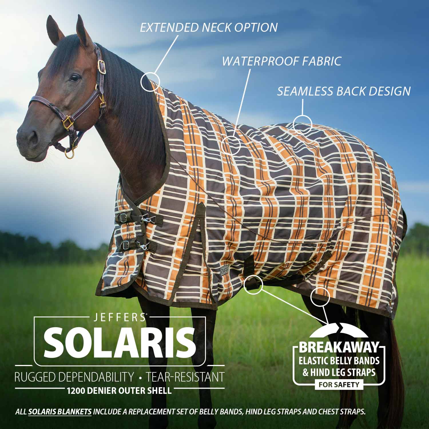 Solaris 1200D Extended Neck Horse Turnout Blanket, 240g Fill, Brown & Cream Plaid - Buy Pet Shop