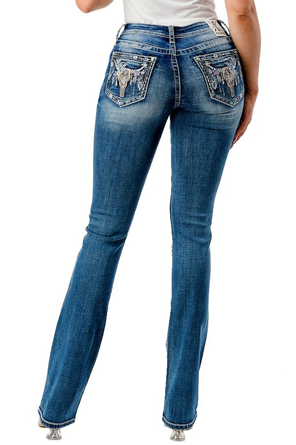 Grace in LA Steer Head Embroidered Mid Rise Bootcut Jeans - Buy Pet Shop