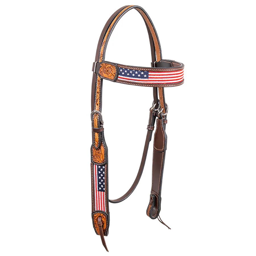 Cody Pro Stars & Stripes Browband Headstall with Floral Tooling - Buy Pet Shop