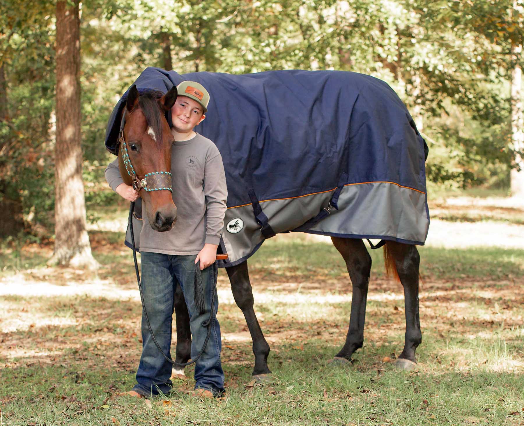 Economy Plus Combo Neck Horse Turnout Blanket, 1200D, 360g Fill, Navy/Gray - Buy Pet Shop