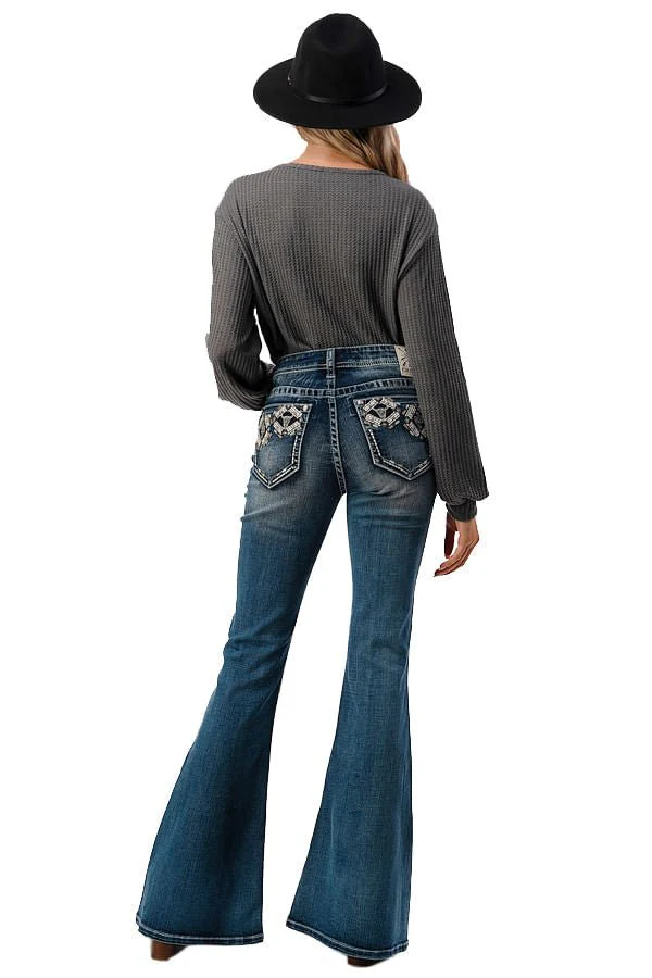 Grace in LA Aztec Embellished Mid Rise Flare Jeans - Buy Pet Shop