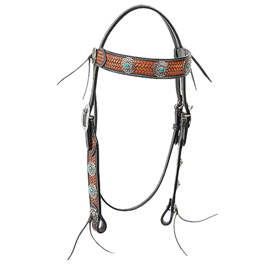 Cody Pro Turquoise Concho Browband Headstall with Basketweave Tooling - Buy Pet Shop
