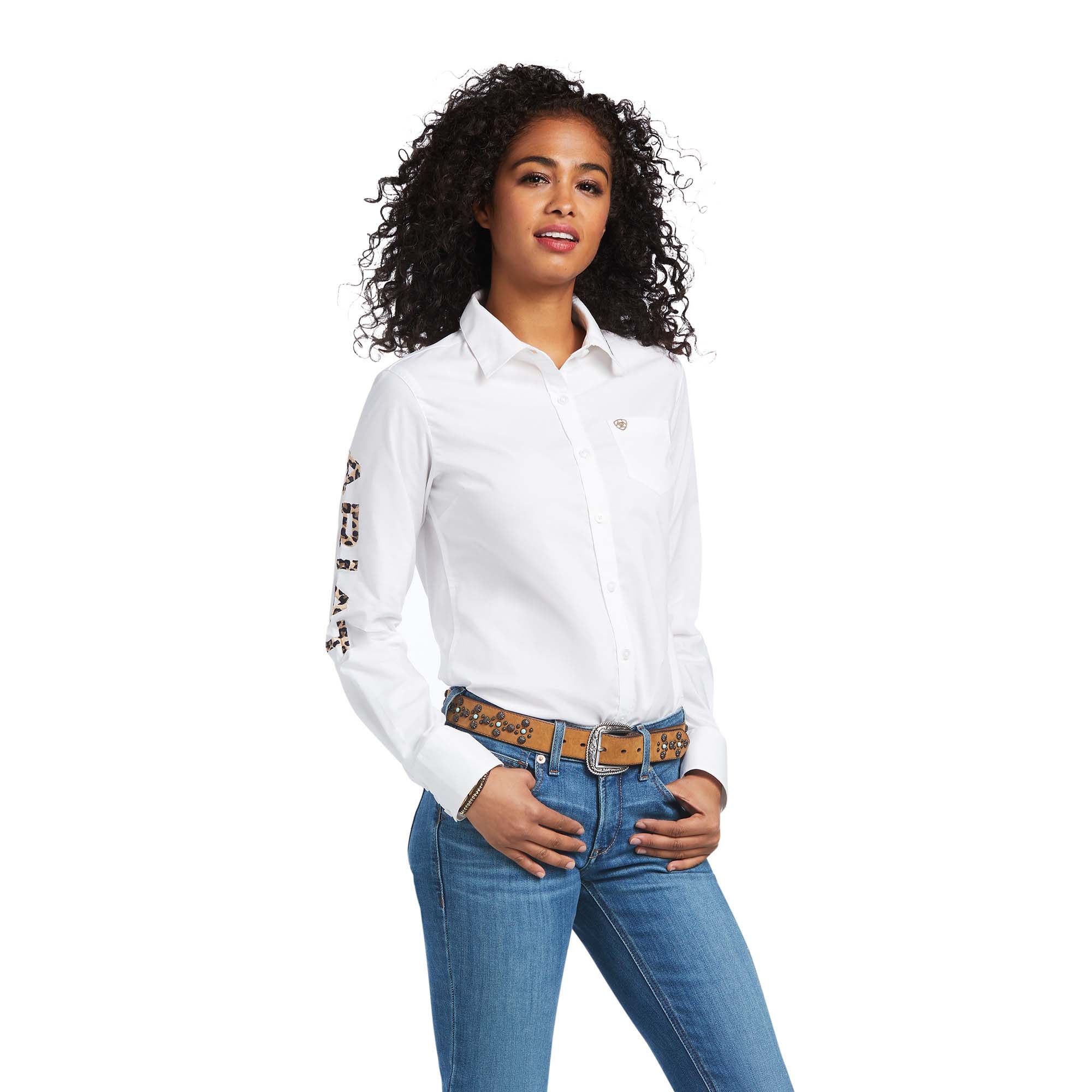 Ariat Women's Team Kirby Stretch Shirt, White with Leopard - Buy Pet Shop