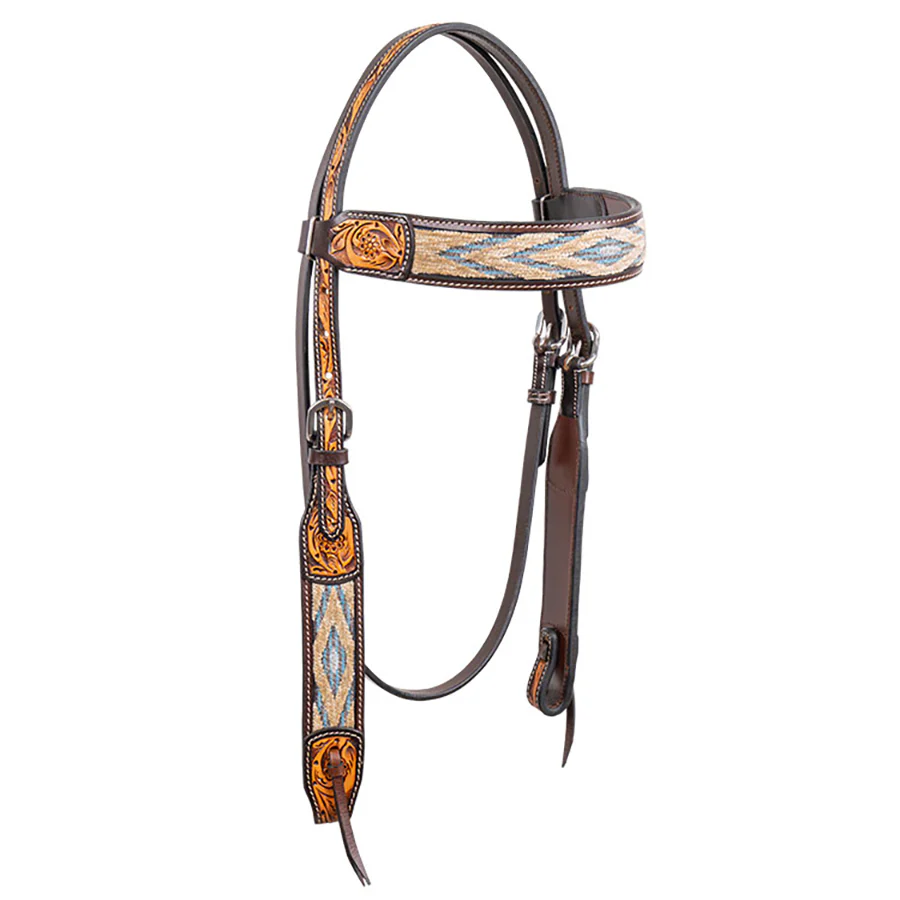 Cody Pro Blue & Beige Inlay Browband Headstall with Floral Tooling - Buy Pet Shop