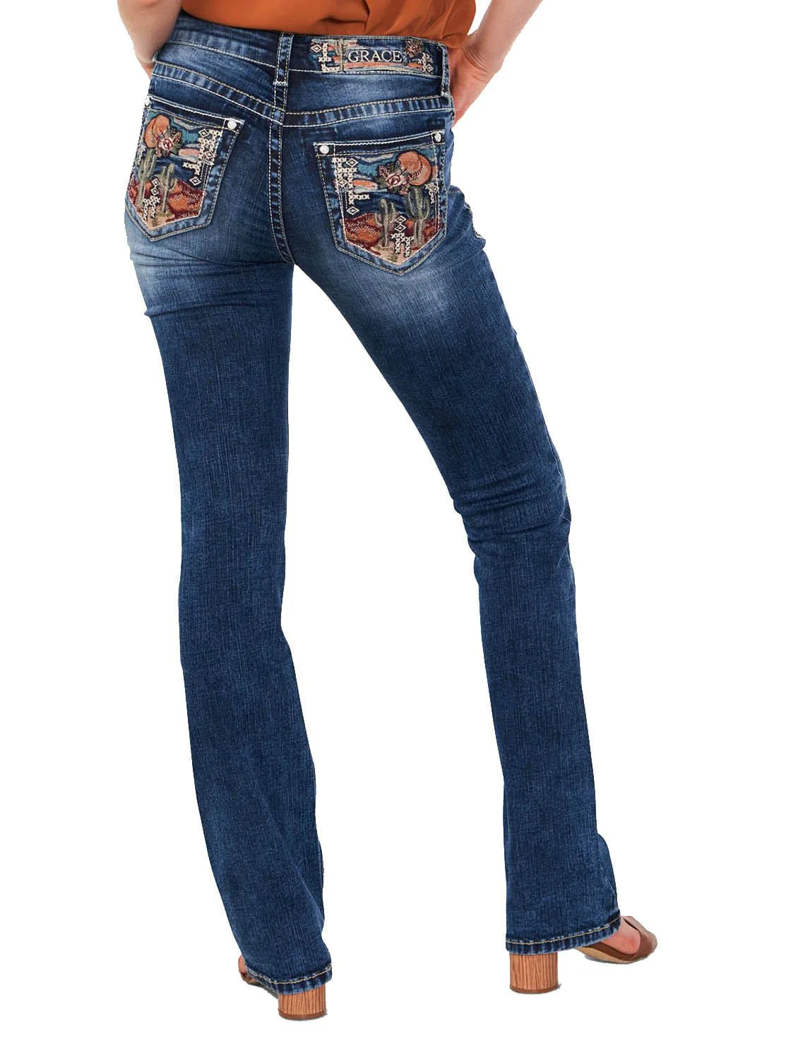 Grace in LA Cactus Scene Embroidered Mid Rise Bootcut Jeans - Buy Pet Shop